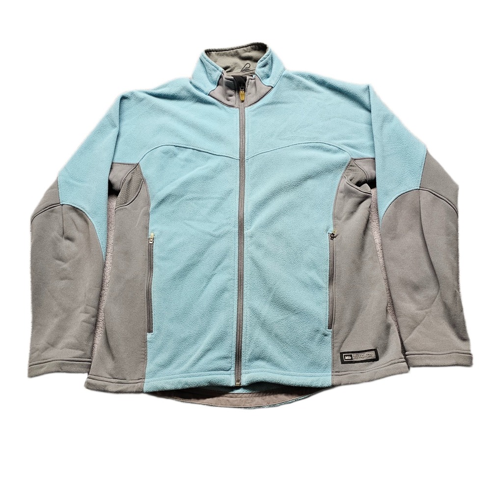 REI Polartec Fleece Jacket Women Medium Blue Gray Mock Neck Long Sleeve Full Zip